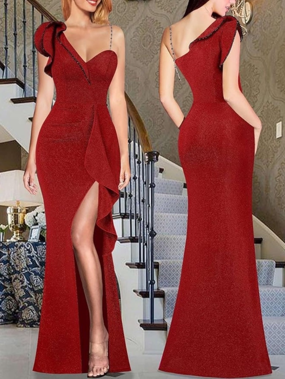 Women's Large Beaded One Ruffle Shoulder Ruch Waterfall Side Slit Shimmer Dress
